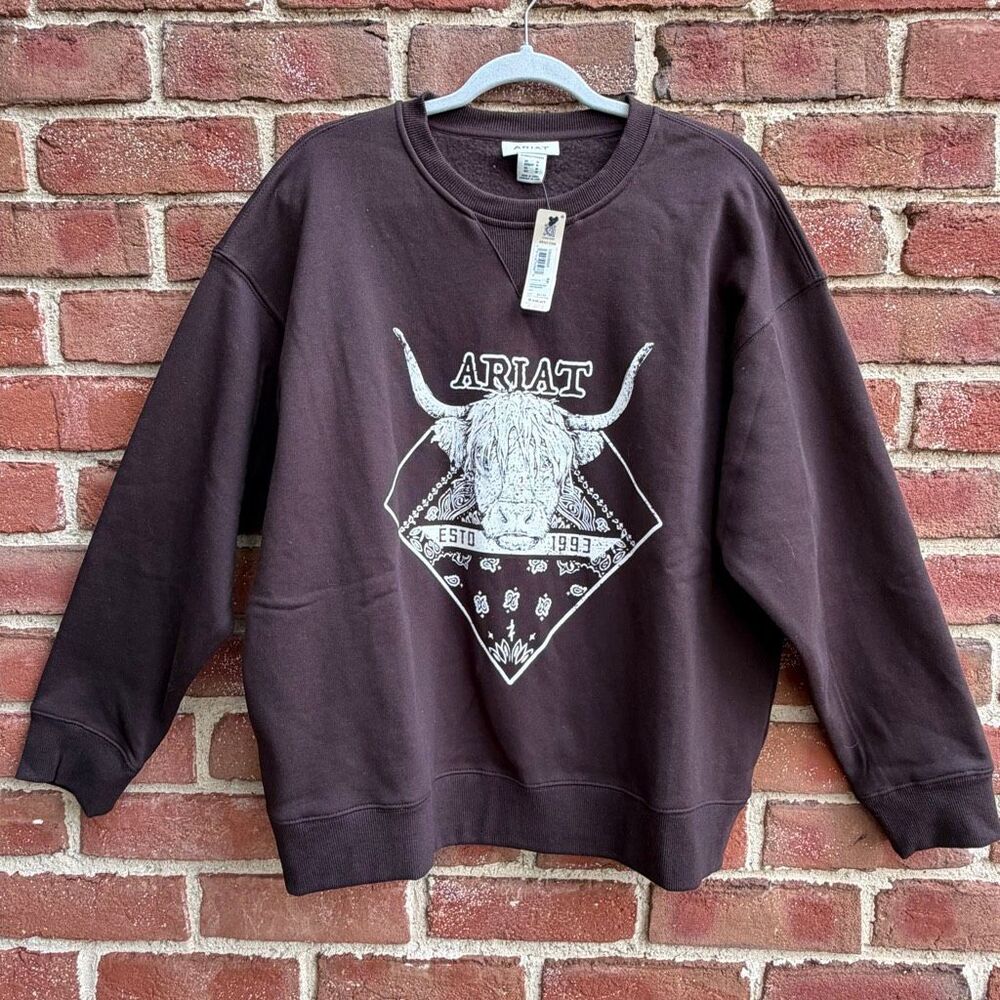 ARIAT Women's Taurus Fleece Oversized brown Crew Neck Graphic Sweatshirt M NWT - Picture 2 of 8